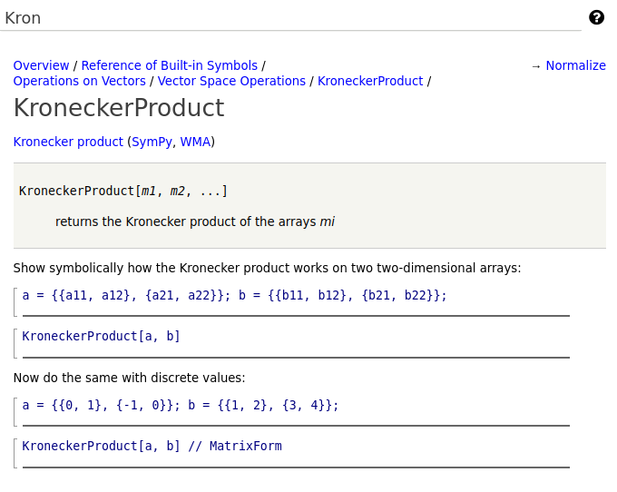 help for the built-in function "KroneckerProduct" in Mathics Django