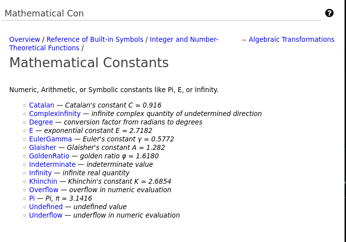 summary list for Mathematical Constants